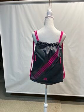 Adidas Black Pink Drawstring Backpack Gym Sack Mesh Pockets Athletic Bag